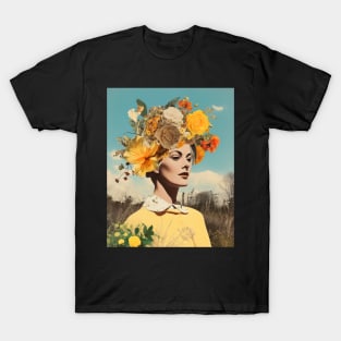 Yellow Flowers Female Portrait Collage T-Shirt